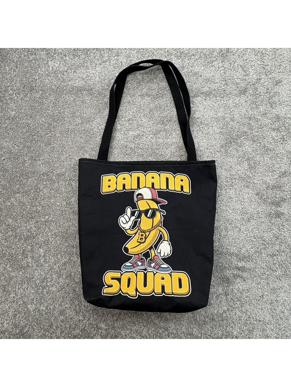 Banana Squad Tote Bag Black Canvas Cartoon Banana Hat Sunglasses Chain Graphic